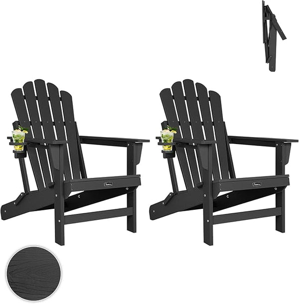 FUNBERRY Folding Adirondack Chairs Set of 2, All Weather HDPE Wood Texture Fire Pit Chairs with Cup Holder for Outdoor - Photo 1