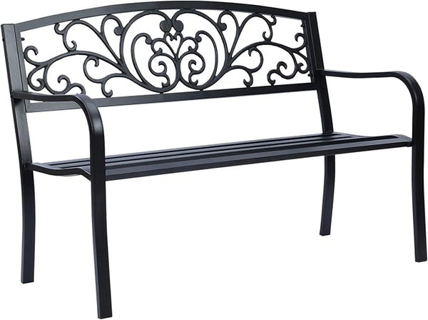 Simply Elegant Flora Metal Park Patio Bench, Outdoor Bench in Black for Porch, Lawn, Garden, Deck by Sun-Ray