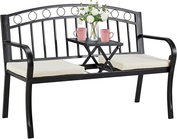 AVAWING Outdoor Metal Garden Bench, 2-Seat Patio Porch Bench with Steel Frame, Park Bench w/Pullout Middle Table& Cushion for Backyard Lawn Deck Entryway, Black