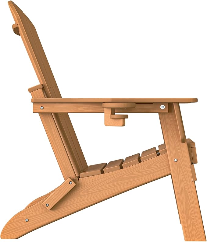 Plawdlik Folding Adirondack Chair, SGS Tested, Wooden Textured with Cup Holder, Heavy All-Weather HDPE Comfortable Set Poolside Backyard Lawn Teak Set 4