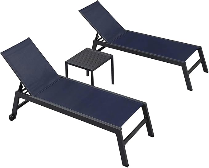 PURPLE LEAF Oversized Patio Chaise Lounge Set of 2 Extra Wide Reclining Outdoor Chair with 5 Adjustable and Wheels Durable Textilene for Backyard Poolside Sunbathing Navy Blue