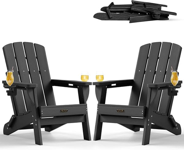 Folding Adirondack Chair 2 Pack, HDPE All-Weather Fire Pit Chairs, Plastic Adirondack Chairs with 2 Cup Holder - Photo 1