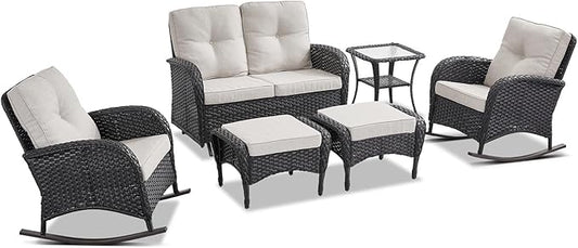 Belord 6 Pieces Outdoor Patio Furniture Set with Wicker Rocking Chairs, Rattan Patio Conversation Set with Glider Loveseat Ottomans and Side Table Black/Beige