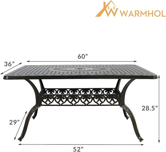 Outdoor Cast Aluminum Patio Table, 60” Rectangular Bistro Table with 2’’ Umbrella Hole for Patio Furniture Garden Deck Backyard