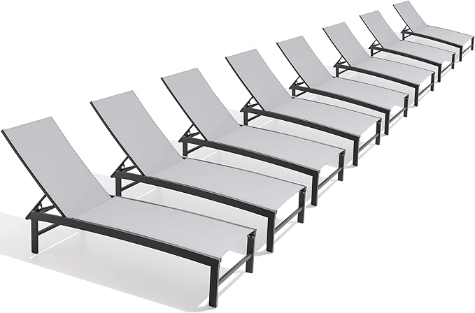 Chaise Lounge Chair, Set of 6 Outdoor Recliner Lounge Chair Sun Loungers, All Weather Chaise with 5 Adjustable Backrest and Lay Flat Positions for Garden, Balcony, Pool, Light Gray