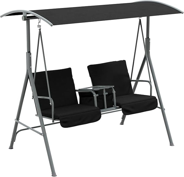 Outsunny 2 Person Porch Swing with Stand, Outdoor Swing with Canopy, Pivot Storage Table, 2 Cup Holders, Cushions for Patio, Backyard, Black