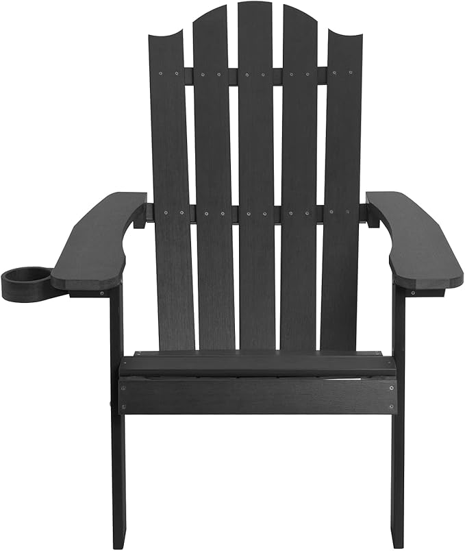 Melucivi Adirondack Chair Weather Resistant with Cup Holder, Fire Pit Chair Patio Outdoor Garden Resin Adirondack Chair for Adult, Black
