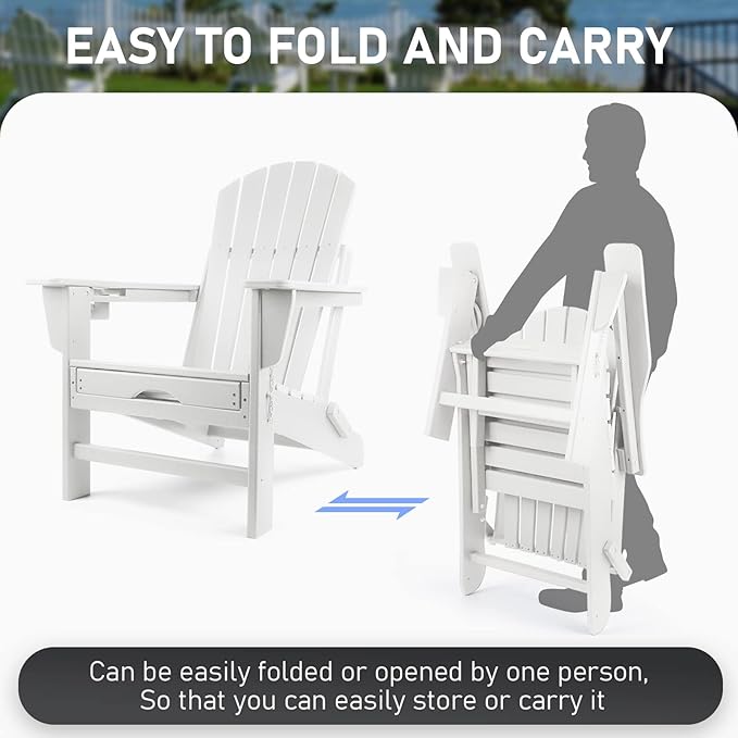 FUNBERRY Adirondack Rocking Chair, Multifunctional 4-in-1 Porch Rocker with Retractable Ottoman & Cup Holder HDPE All Weather