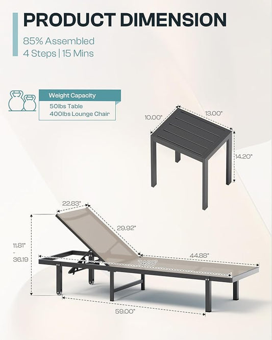 Pool Lounge Chairs Set of 3 (2 Loungers + 1 Side Table),Outdoor Lounge Chairs with Wheels and 5-Position Recliner, Aluminum Patio Lounge Chair for Poolside, Deck (Khaki)
