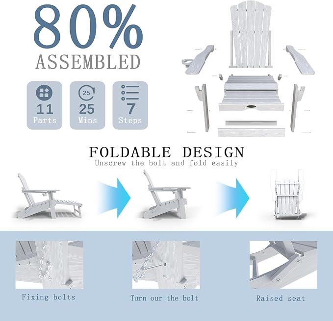 Adjustable Adirondack Chairs with Retractable Ottoman Set of 2, HDEP Folding Adirondack Chair with Footrest & Cup Holder, All Weather Fire Pit Chair for Outdoor,White