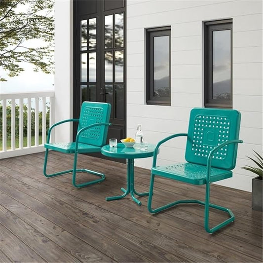 Pemberly Row 3 Piece Metal Outdoor Chair Set, Turquoise Gloss Finish, Retro Patio Furniture with Basket Weave Design, Cantilever Base Chairs and Pedestal Side Table, Weatherproof for Small Outdoor