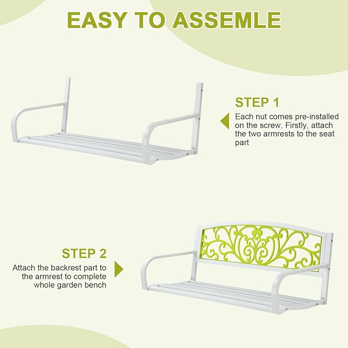 50 Inch Metal Garden Bench for Outdoor Patio, Powder Coated Steel Bench with PVC Backrest & Armrests, Rust-Resistant Park Bench for Yard, Pathway, or Deck – Supports 400 lbs (White + Green)