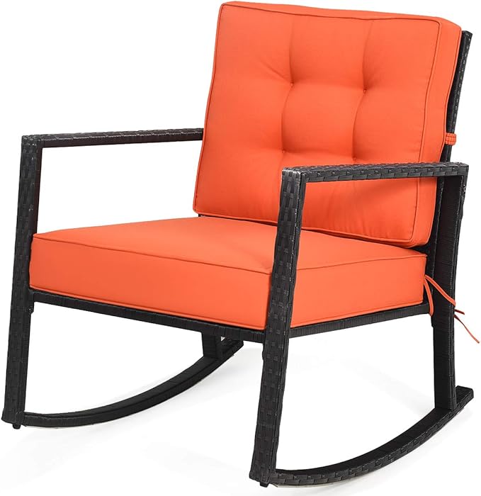 Tangkula Wicker Rocking Chair, Outdoor Rattan Rocker Chair with Heavy-Duty Steel Frame, Patio Furniture Seat with 5” Thick Cushion for Garden, Porch, Backyard, Poolside (1, Orange)