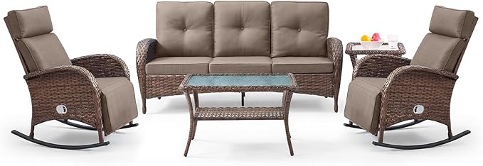 Belord Luxury 5 Piece Patio Furniture Set with Swivel Recliner Chair - Outdoor Recliner Chair with Adjustable Backrest & Footrest, Patio Conversation Set with Coffee Table for Pool Deck Garden Grey