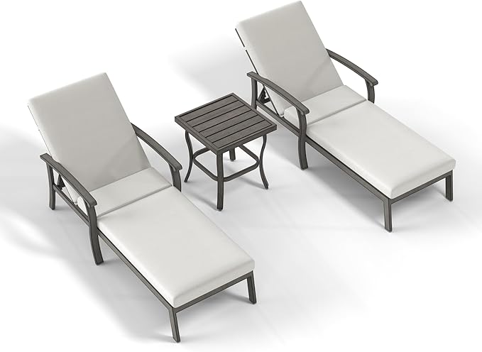 Chaise Lounge Chair Outdoor - 3 Piece Patio Aluminum Chaise Lounge Chair Set with Side Table, Removable Cushion and Adjustable Reclining Positions for Outdoor Poolside Backyard