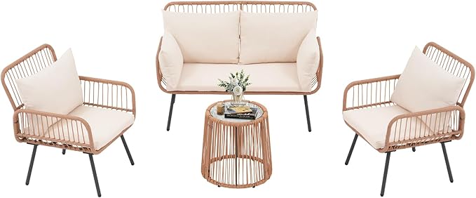 Verano Garden 4 Pieces Patio Balcony Furniture Set, Outdoor Wicker Patio Conversation Set, Patio Sectional Table and Chairs Set of 4 with Cushion, Pillow & Table (Cream White, 4PCS Conversation Set)