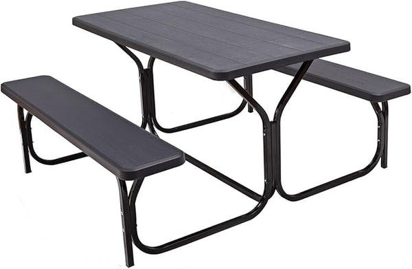 Giantex Picnic Bench Set Outdoor Camping All Weather Metal Base Wood-Like Texture Backyard Poolside Dining Party Garden - Photo 1