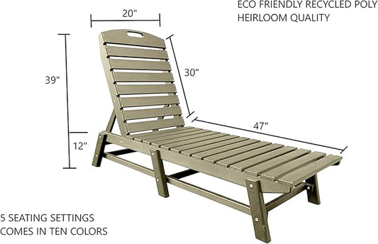 Phat Tommy Outdoor Pool Chaise Lounge, Heavy-Duty Beach Lounger - Folding, HDPE, Recycled Poly Furniture - Reclining Lounge Chair for Patio, Deck, Beach, Cabana, or Poolside, Weatherwood