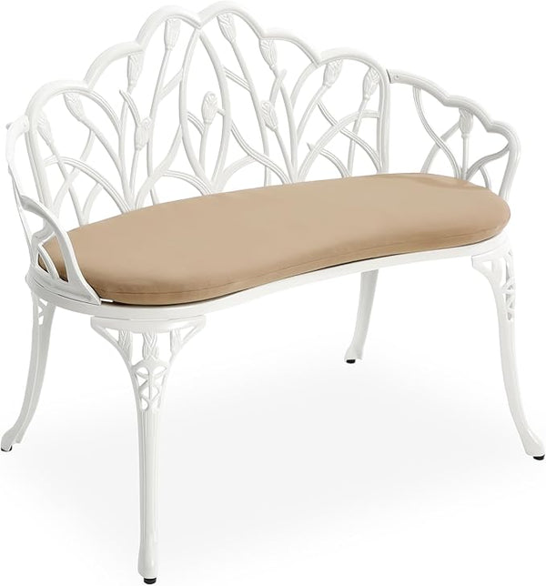 HOMEFUN Outdoor Bench with Cushion- Patio Garden Benches Metal Loveseat Cast-Aluminum Outside Furniture for Park Lawn Front Porch White