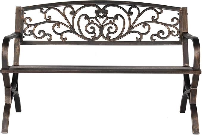 50in Outdoor Metal Porch Benches,Weatherproof Patio Park Bench,Outside Leisure Bench,Outdoor Garden Park Bench,with Butterfly Back and Armrests,for Lawn, Deck, Path, Backyard, Entryway (Bronze)