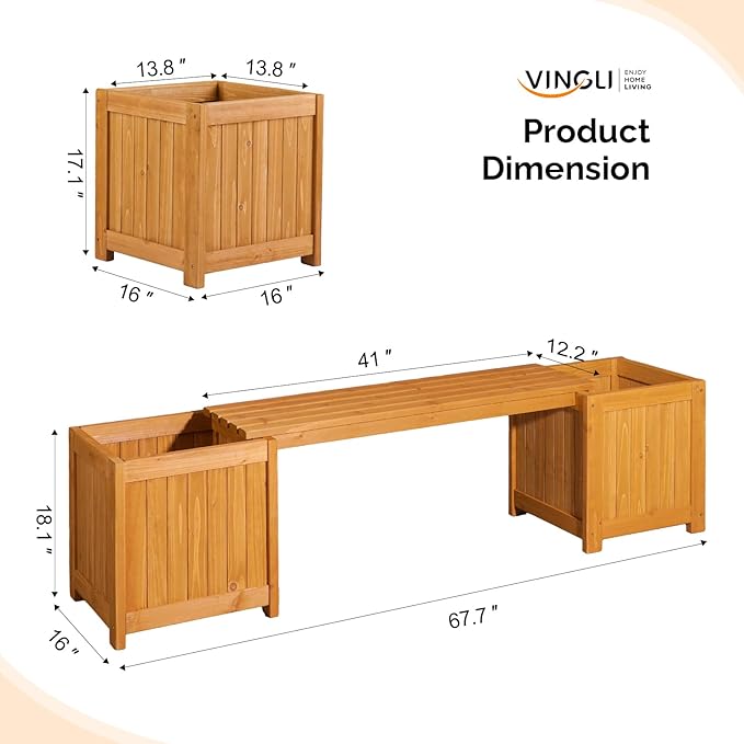 VINGLI Outdoor Wood Bench with Planter Boxes, 2-in-1 All-Weather Porch Bench Seat & Open-Ended Wooden Raised Garden Bed, for Balcony Yard Patio (1 Box + 2 Boxes)