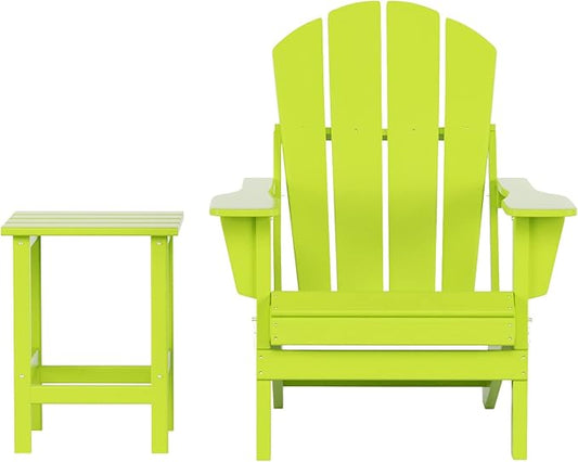 WestinTrends Malibu 2-Pieces Adirondack Chair Set with Side Table, All Weather Outdoor Seating Plastic Patio Lawn Chair Folding for Outside Porch Deck Backyard, Lime