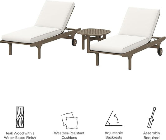 Modway Saratoga Teak Wood Set of 2 Chaise Lounge Chairs and Side Table in Weathered Gray - 3-Piece Outdoor Furniture Set