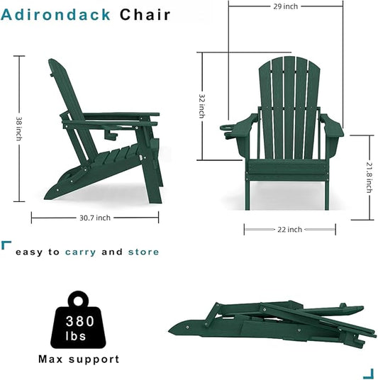 Folding Adirondack Chair Set of 4, HDPE Outdoor Patio Chair with Cup Holder, All Weather Plastic Lawn Chair with Wide Armrests, Portable Patio Chair for Backyard Deck Garden Fire Pit Poolside, Green