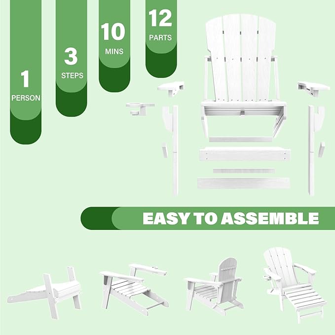 LOUNZY Folding Adjustable Adirondack Chair with Retractable Ottoman, HDPE Recliner Adirondack Chair with Cup Holder for Deck Lawn Fire Pit, White