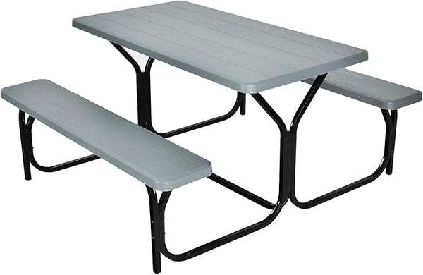 Giantex Picnic Table Bench Set Outdoor Camping All Weather Metal Base Wood-Like Texture Backyard Poolside Dining Party - Photo 1