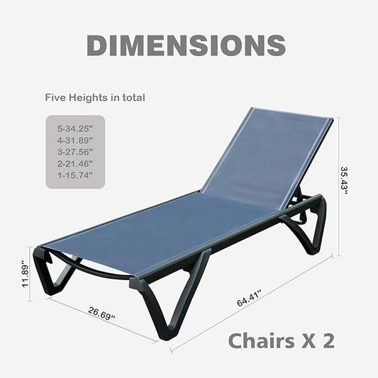 Outdoor Chaise Lounge 2 Pieces Aluminum Patio Lounge Chair with 5 Adjustable Position Recliner Chair Outside Tanning Chairs for Patio, Beach, Yard, Pool (Navy Blue)