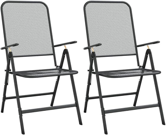 Folding Garden Chair Set of 2 Anthracite, 24 x 22.2 x 41.7 in Metal Frame with 7-Position Reclining for Patio or Apartment Balcony, Stackable Outdoor Lounge Seating