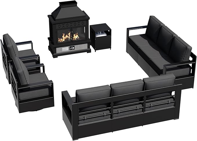 Outdoor Aluminum Furniture Set, 5-Piece Patio Conversation Set, 2 Swivel Chairs, 2 Sofa and 1 Fireplace, All-Weather Metal Frame, 6" Thick Removable Cushions, Deep Setting for Garden and Porch