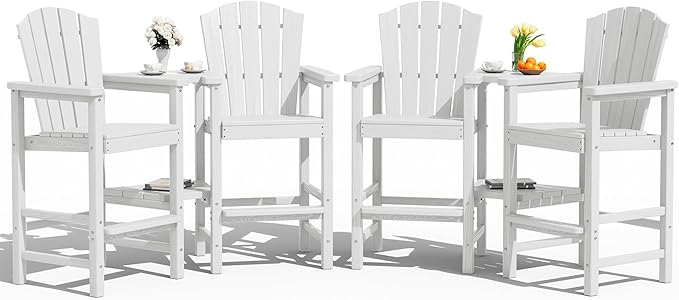 KINGYES Tall Adirondack Chair Set of 4, All Weather HDPE Bar Height Adirondack Chair with Double Connecting Trays, Balcony Height Chair, Tall Poly Adirondack Chair, High Airondack Chair, White