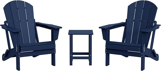 WestinTrends Malibu 3-Pieces Adirondack Chairs Set with Side Table, All Weather Outdoor Seating Plastic Patio Lawn Chair Folding for Outside Porch Deck Backyard, Navy Blue