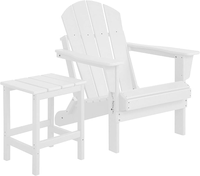 WestinTrends Malibu 2-Pieces Adirondack Chair Set with Side Table, All Weather Outdoor Seating Plastic Patio Lawn Chair Folding for Outside Porch Deck Backyard, White