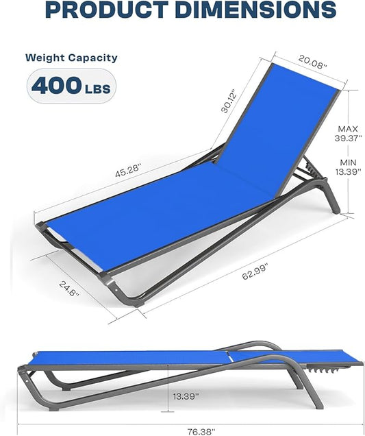 Lounge Chair Set of 2, Aluminum Chaise Lounge Outdoor, Lightweight Lounge Chairs for Outside with 5 Adjustable Backrest, Pool Lounger for Poolside, Beach, Balcony, Deck (Royal Blue)