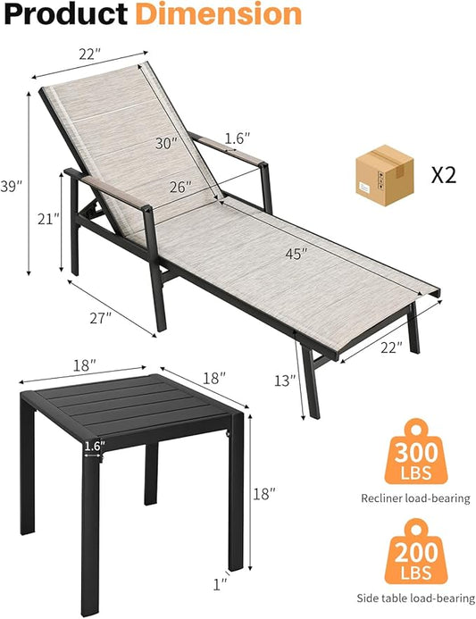 3-Piece Outdoor Chaise Lounge Set, Never-Rust Aluminum Patio Lounge Chairs with Side Table, Double-Layer Textilene Pool Lounge Chairs, Adjustable Backrest Sunbathing Loungers for Beach, Garden