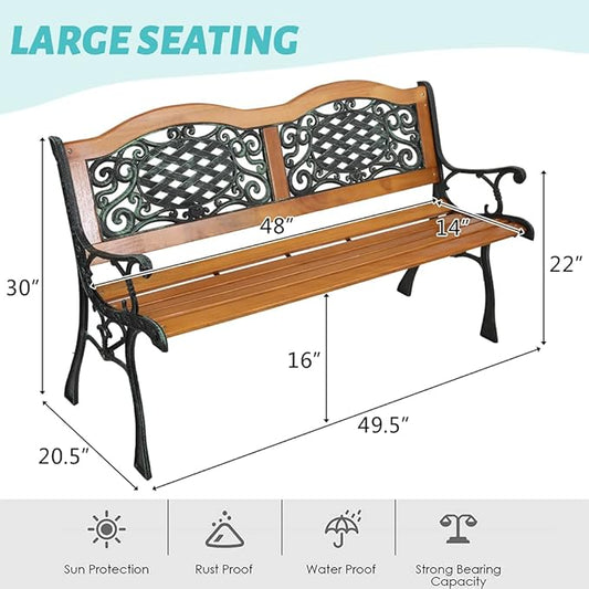 JOYBASE 50" Outdoor Patio Bench, Wood and Iron Garden Bench for Park Porch Outside Yard (Black&Natural)