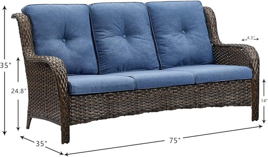 HUMMUH Outdoor Furniture 4 Pieces Patio Furniture Set Wicker Outdoor Sectional Sofa with 2 Patio Chairs,Coffee Table(Grey/Blue)