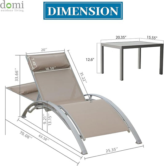 Domi Lounge Chair Set of 3, Aluminum Lounge Chairs for Outside with 5 Adjustable Positions, Chaise Lounge Outdoor for Pool, Garden, Beach, 2 Pool Chairs and 1 Side Table(Khaki)