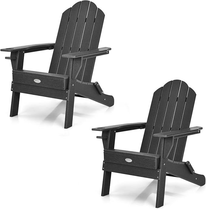Tangkula Outdoor Folding Adirondack Chair, HDPE Armchairs with Cup Holder, Weather Resistant Lounger Chair for Patio Garden Fire Pit Backyard, Lawn Porch Seating, Adirondack Lounger (1, Black)