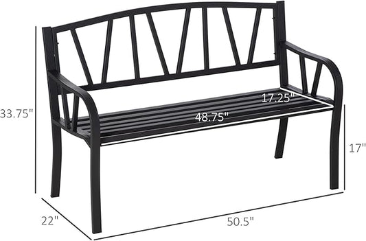 50" Metal Garden Benches for Outside, Front Porch Bench with Smooth Armrests, Patio Yard Benches with Slatted Seat for Outdoors Park/Entryway/Backyard (Black)