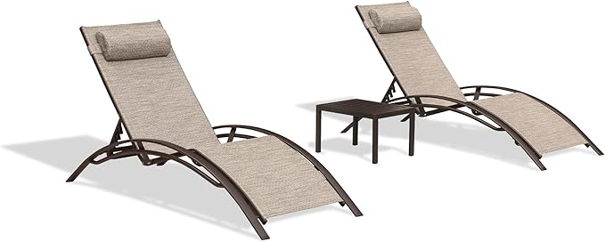 PURPLE LEAF Outdoor Chaise Lounge Chair Set of 3 Patio Pool Lounger Bronze Aluminum Chairs with Side Table Adjustable Tanning Recliner for Outside Backyard Yard Deck Balcony Beach Ivory Granite