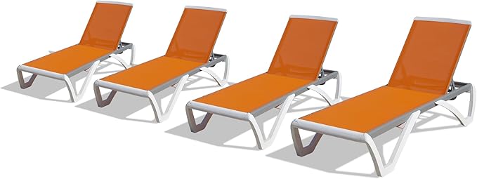 Domi Outdoor Lounge Chairs Set of 4, Aluminum Lounge Chairs for Outside with 5 Position Adjustable Backrest, Outdoor Chaise Lounge for Beach, Yard, Balcony, Poolside, Orange