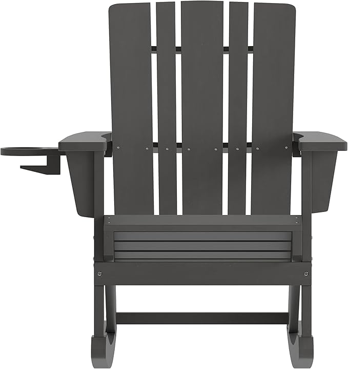 Flash Furniture Halifax Adirondack Rocking Chair with Cup Holder, Weather Resistant Poly Resin Adirondack Rocking Chair, Gray