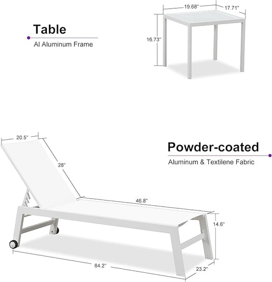 PURPLE LEAF Patio Lounge Chair 2 Pieces White Aluminum Outdoor Chaise Lounge for Pool Backyard Beach with Wheels and Table, Ivory