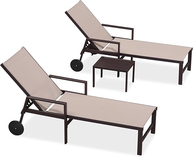 PURPLE LEAF Outdoor Chaise Lounge Chair Set of 2 with Armrests, Aluminum Patio Loungers with Wheels and Adjustable Backrest, Includes Side Table for Deck, Outside, Lawn, Garden, Sand Beige