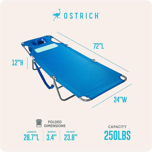 Ostrich the Ladies Comfort Lounger with Chest Support, Foldable and Portable Reclining Outdoor Patio Beach Lawn Camping Pool Tanning Chair, Ocean Blue