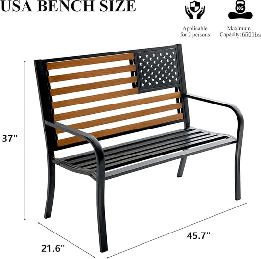 45.7 Inch American Flag Outdoor Bench - Patriotic Stars and Stripes Garden Bench with Heavy Duty Cast Iron Frame & Weather Resistant Steel Slats - Rustic Porch Furniture for Backyard, Memorial
